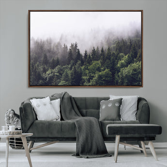 62890402-MGV-CV-36X24-Misty Forest Wall Art Canvas Print, Framed Foggy Pines Art Picture Print, Pine Valley Perfect Moody Woodland Decor Artwork