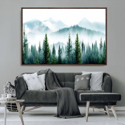 16716676-MGV-CV-36X24-Pine Forest Wall Art Canvas Print, Framed Misty Mountains Art Picture Print, Foggy Trees Perfect Moody Forest Decor Artwork