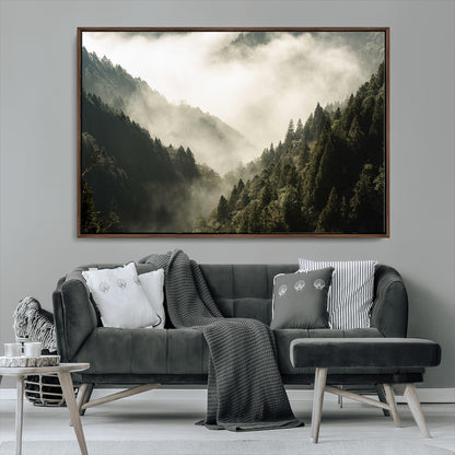 57570237-MGV-CV-36X24-Misty Valley Wall Art Canvas Print, Framed Foggy Forest Art Picture Print, Pine Trees Perfect Moody Woodland Decor Artwork