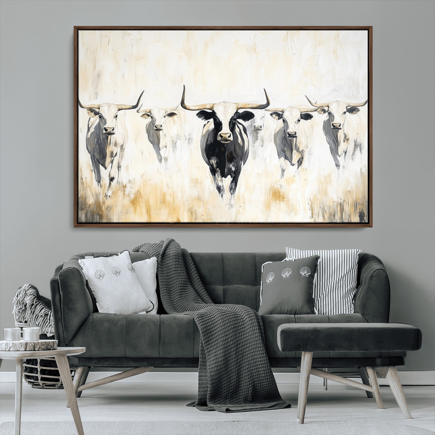 40397799-MGV-CV-36X24-Texas Longhorn Wall Art Canvas Print, Framed Rustic Herd Art Picture Print, Western Bull Perfect Neutral Western Decor Artwork