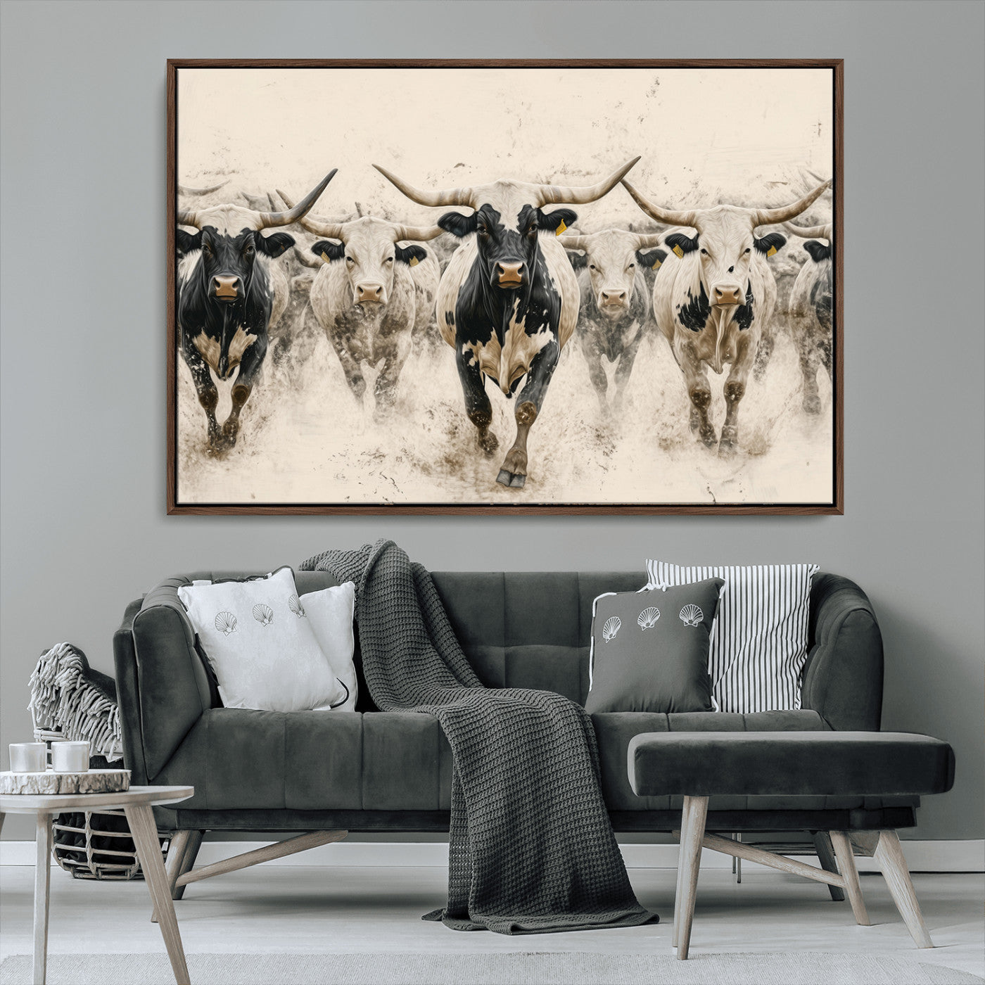 61538944-MGV-CV-36X24-Texas Longhorn Wall Art Canvas Print, Framed Cattles Walking Art Picture Print, Black White Bulls Perfect Rustic Western Decor