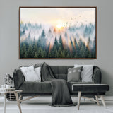 92718976-MGV-CV-36X24-Misty Forest Wall Art Canvas Print, Framed Sunrise Pines Art Picture Print, Foggy Woodland Perfect Moody Woodland Decor Artwork