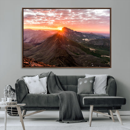 50957419-MGV-FC-36X24_Walnut-Mountain Sunrise Wall Art Canvas Print, Framed Alpine Ridge Art Picture Print, Mountain Range Perfect Vibrant Rustic Decor Artwork