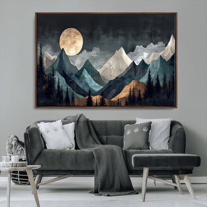 11060882-MGV-CV-36X24-Moonlit Mountains Wall Art Canvas Print, Framed Forest Silhouette Art Picture Print, Night Landscape Perfect Modern Forest Decor