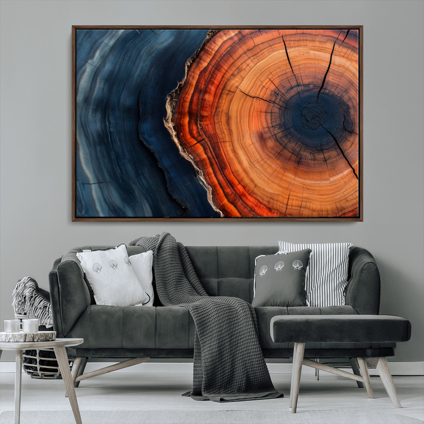 57732250-MGV-CV-36X24-Tree Ring Abstract Wall Art – Blue Orange Wood Grain Canvas Print, Modern Rustic Nature Artwork for Living Room, Office,