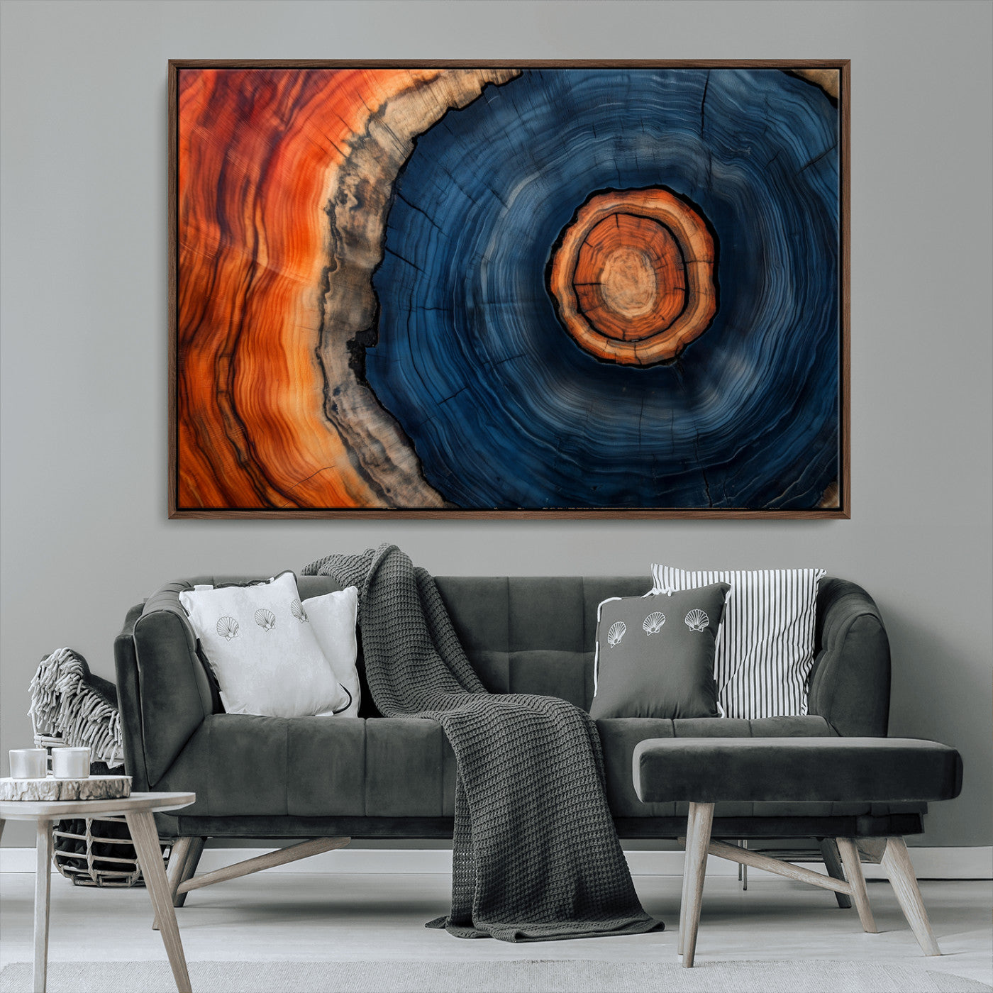 72209152-MGV-CV-36X24-Abstract Tree Ring Wall Art – Vibrant Blue Orange Wood Grain Canvas Print, Rustic Modern Nature Artwork for Living Room, Office,