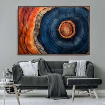 72209152-MGV-CV-36X24-Abstract Tree Ring Wall Art – Vibrant Blue Orange Wood Grain Canvas Print, Rustic Modern Nature Artwork for Living Room, Office,
