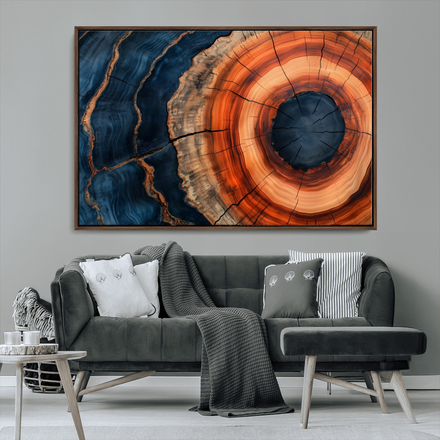 41123192-MGV-CV-36X24-Tree Ring Canvas Wall Art – Abstract Blue Orange Wood Grain Print, Rustic Modern Nature Artwork for Living Room, Bedroom, Office