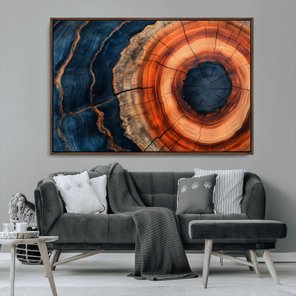 41123192-MGV-CV-36X24-Tree Ring Canvas Wall Art – Abstract Blue Orange Wood Grain Print, Rustic Modern Nature Artwork for Living Room, Bedroom, Office