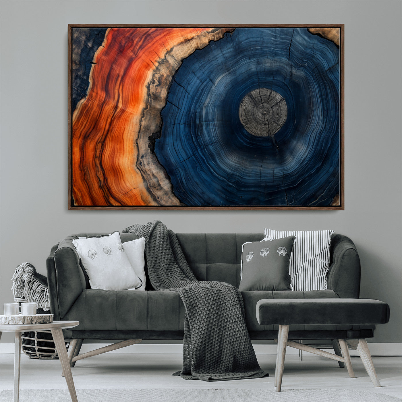 99491700-MGV-CV-36X24-Tree Ring Canvas Wall Art – Blue Orange Abstract Wood Grain Print, Rustic Modern Nature Artwork for Living Room, Office, Bedroom