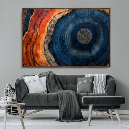 99491700-MGV-CV-36X24-Tree Ring Canvas Wall Art – Blue Orange Abstract Wood Grain Print, Rustic Modern Nature Artwork for Living Room, Office, Bedroom