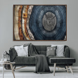 91368647-MGV-FC-36X24_Walnut-Smoky Blue Tree Ring Wall Art – Rustic Wood Cross Section Canvas Print, Modern Nature Inspired Decor for Living Room, Office, or