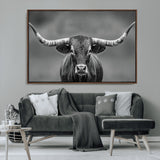 81228550-MGV-CV-36X24-Framed Texas Longhorn Bull Art Canvas Print, Western Bull Wall Art Print, Long Horn Bull Photo Print for Log Cabin, Large Bull