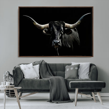 37531960-MGV-CV-36X24-Black Longhorn Bull Wall Art – Dramatic Western Cattle Canvas Print, Rustic Farmhouse Animal Artwork for Living Room, Bedroom,