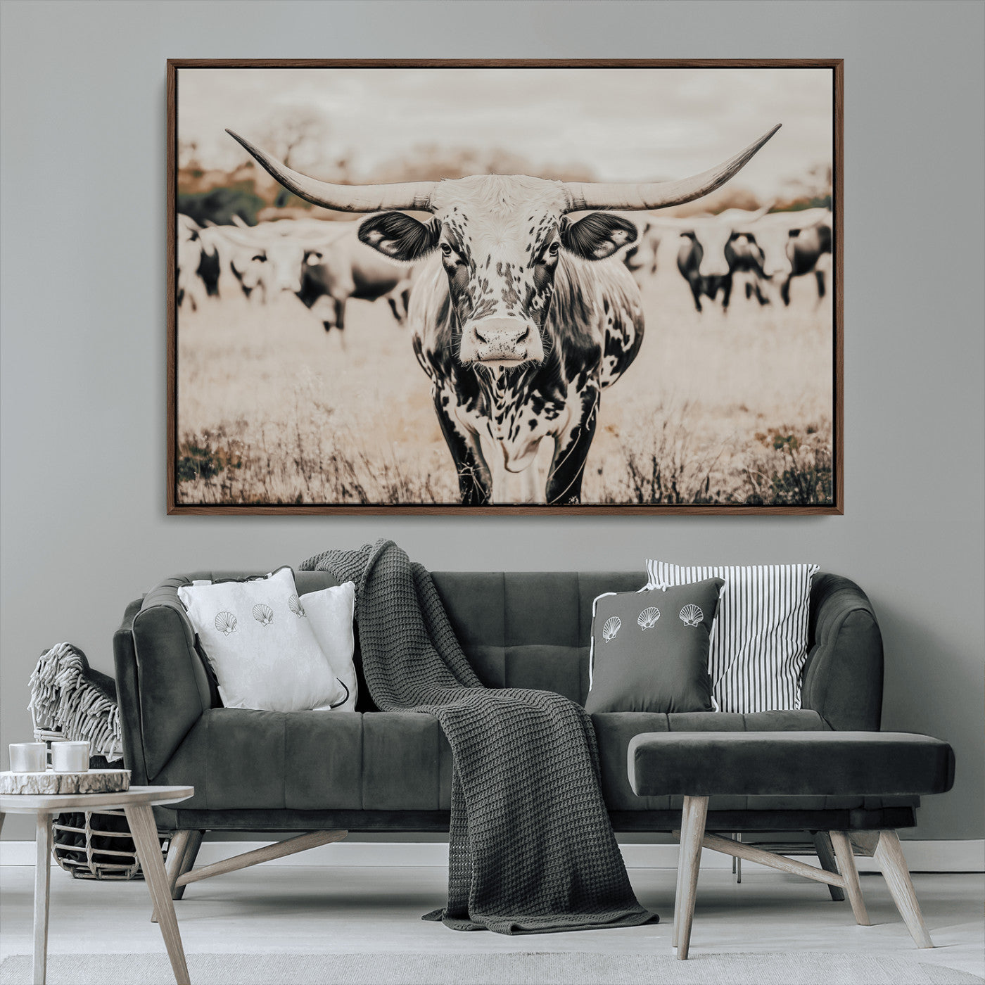 27497342-MGV-FC-36X24_Walnut-Texas Longhorn Wall Art Canvas Print, Framed Speckled Cow Art Picture Print, Horned Cattle Perfect Rustic Western Decor Artwork