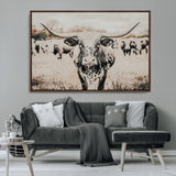 27497342-MGV-FC-36X24_Walnut-Texas Longhorn Wall Art Canvas Print, Framed Speckled Cow Art Picture Print, Horned Cattle Perfect Rustic Western Decor Artwork