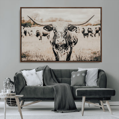 27497342-MGV-FC-36X24_Walnut-Texas Longhorn Wall Art Canvas Print, Framed Speckled Cow Art Picture Print, Horned Cattle Perfect Rustic Western Decor Artwork