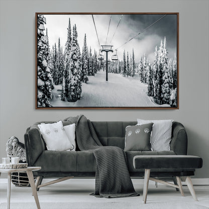 31156828-MGV-CV-36X24-Snowy Pines Wall Art Canvas Print, Framed Ski Lift Art Picture Print, Winter Forest Perfect Moody Lodge Decor Artwork