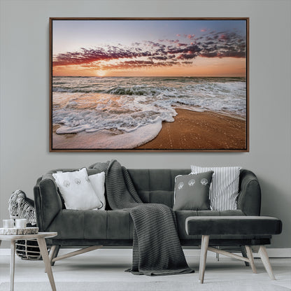 39846389-MGV-CV-36X24-Ocean Sunset Wall Art Canvas Print, Framed Sandy Shore Art Picture Print, Gentle Waves Perfect Minimalist Coastal Decor Artwork