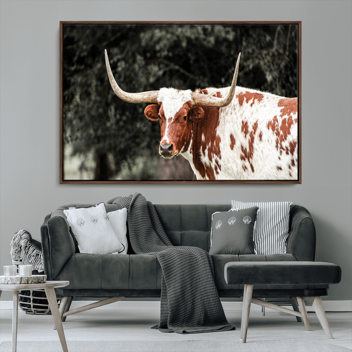 54027638-MGV-CV-36X24-Texas Longhorn Wall Art Canvas Print, Framed Spotted Cow Art Picture Print, Horned Bull Perfect Rustic Western Decor Artwork