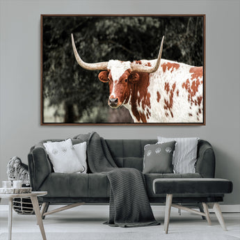 54027638-MGV-CV-36X24-Texas Longhorn Wall Art Canvas Print, Framed Spotted Cow Art Picture Print, Horned Bull Perfect Rustic Western Decor Artwork