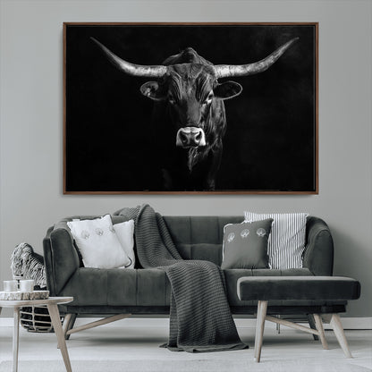 42077175-MGV-CV-36X24-Texas Longhorn Wall Art Canvas Print, Framed Monochrome Bull Art Picture Print, Horned Bull Perfect Rustic Western Decor Artwork