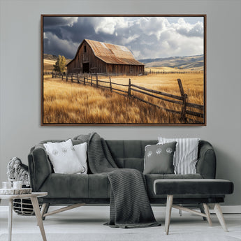 38758826-MGV-CV-36X24-Rustic Barn Wall Art Canvas Print, Framed Moody Barn Art Picture Print, Golden Field Perfect Rustic Farmhouse Decor Artwork