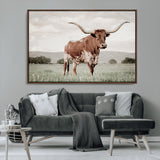 28309012-MGV-CV-36X24-Texas Longhorn Wall Art Canvas Print, Framed Spotted Cattle Art Picture Print, Horned Bull Perfect Rustic Western Decor Artwork