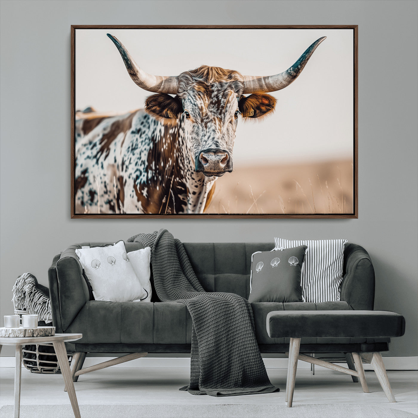 70414966-MGV-CV-36X24-Texas Longhorn Wall Art Canvas Print, Framed Speckled Cow Art Picture Print, Horned Bull Perfect Rustic Western Decor Artwork