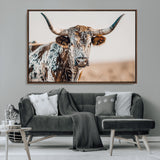 70414966-MGV-CV-36X24-Texas Longhorn Wall Art Canvas Print, Framed Speckled Cow Art Picture Print, Horned Bull Perfect Rustic Western Decor Artwork