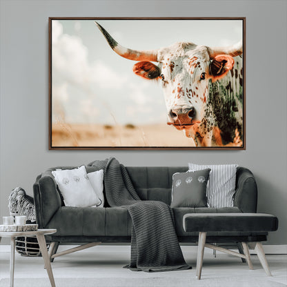 72766375-MGV-FC-36X24_Walnut-Texas Longhorn Wall Art Canvas Print, Framed Spotted Cow Art Picture Print, Horned Cattle Perfect Rustic Western Decor Artwork