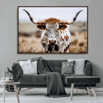 76294381-MGV-CV-36X24-Texas Longhorn Wall Art Canvas Print, Framed Spotted Cow Art Picture Print, Horned Cattle Perfect Rustic Western Decor Artwork