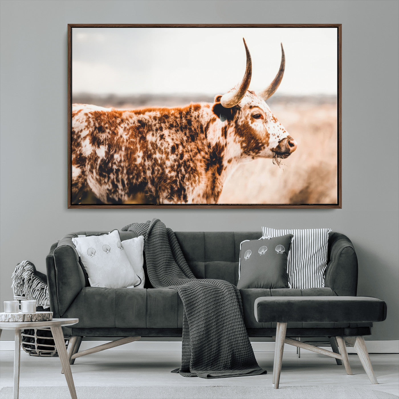 11528295-MGV-CV-36X24-Speckled Longhorn Wall Art Canvas Print, Framed Texas Cattle Art Picture Print, Horned Cow Perfect Rustic Western Decor Artwork