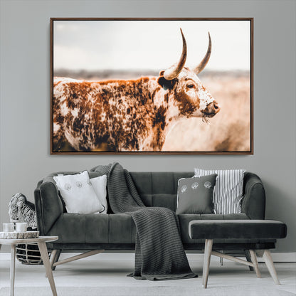 11528295-MGV-CV-36X24-Speckled Longhorn Wall Art Canvas Print, Framed Texas Cattle Art Picture Print, Horned Cow Perfect Rustic Western Decor Artwork