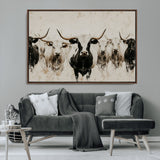 12027562-MGV-CV-36X24-Longhorn Cattle Wall Art Canvas Print, Framed Bison Herd Art Picture Print, Cattle Group Perfect Rustic Farmhouse Decor Artwork