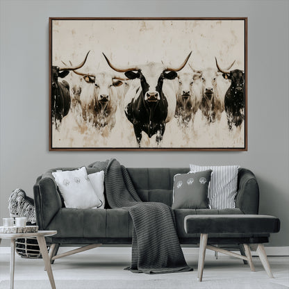 12027562-MGV-CV-36X24-Longhorn Cattle Wall Art Canvas Print, Framed Bison Herd Art Picture Print, Cattle Group Perfect Rustic Farmhouse Decor Artwork