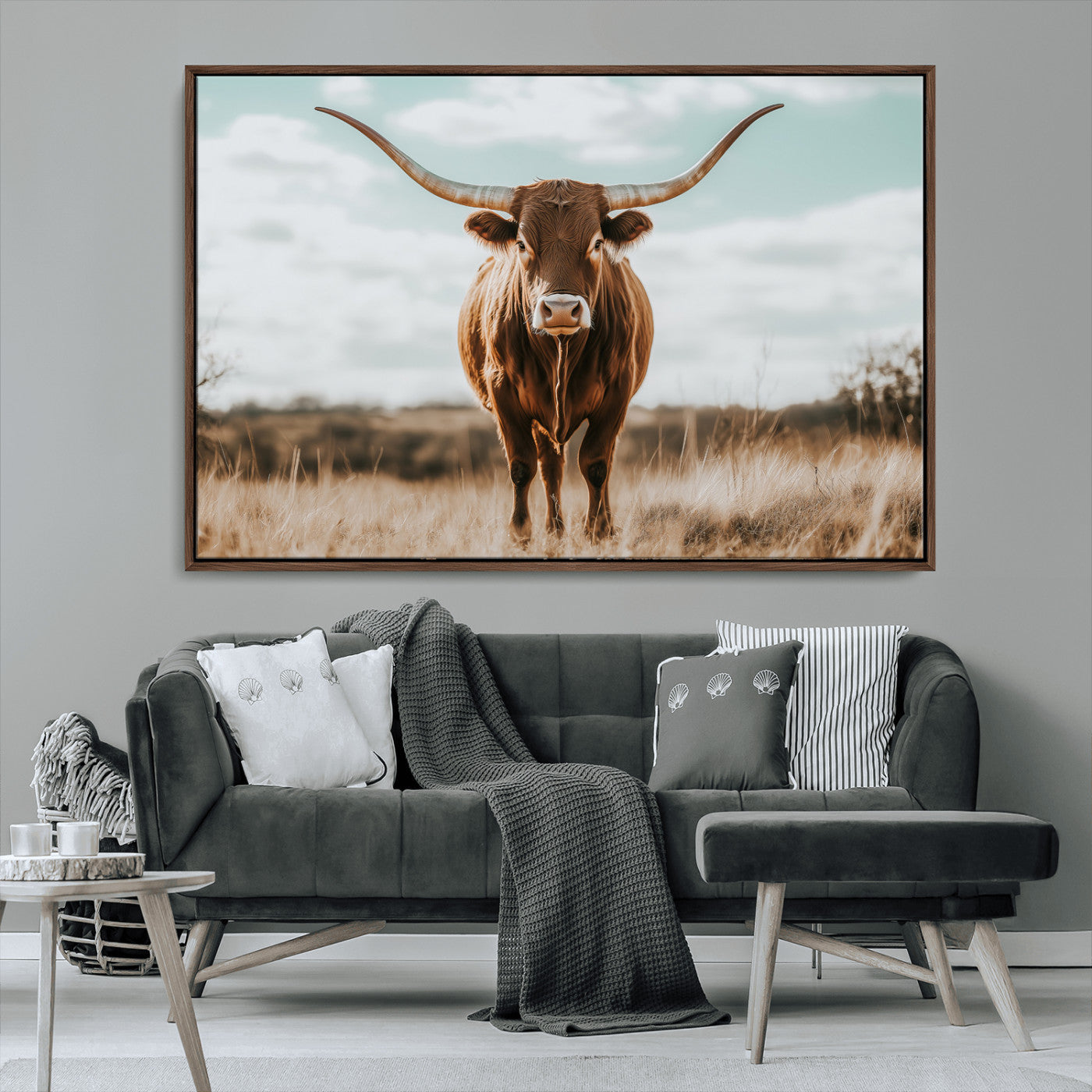 39350715-MGV-CV-36X24-Texas Longhorn Wall Art Canvas Print, Framed Longhorn Cow Art Picture Print, Western Cattle Perfect Rustic Western Decor Artwork
