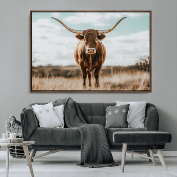 39350715-MGV-CV-36X24-Texas Longhorn Wall Art Canvas Print, Framed Longhorn Cow Art Picture Print, Western Cattle Perfect Rustic Western Decor Artwork