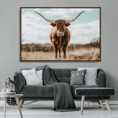 39350715-MGV-CV-36X24-Texas Longhorn Wall Art Canvas Print, Framed Longhorn Cow Art Picture Print, Western Cattle Perfect Rustic Western Decor Artwork