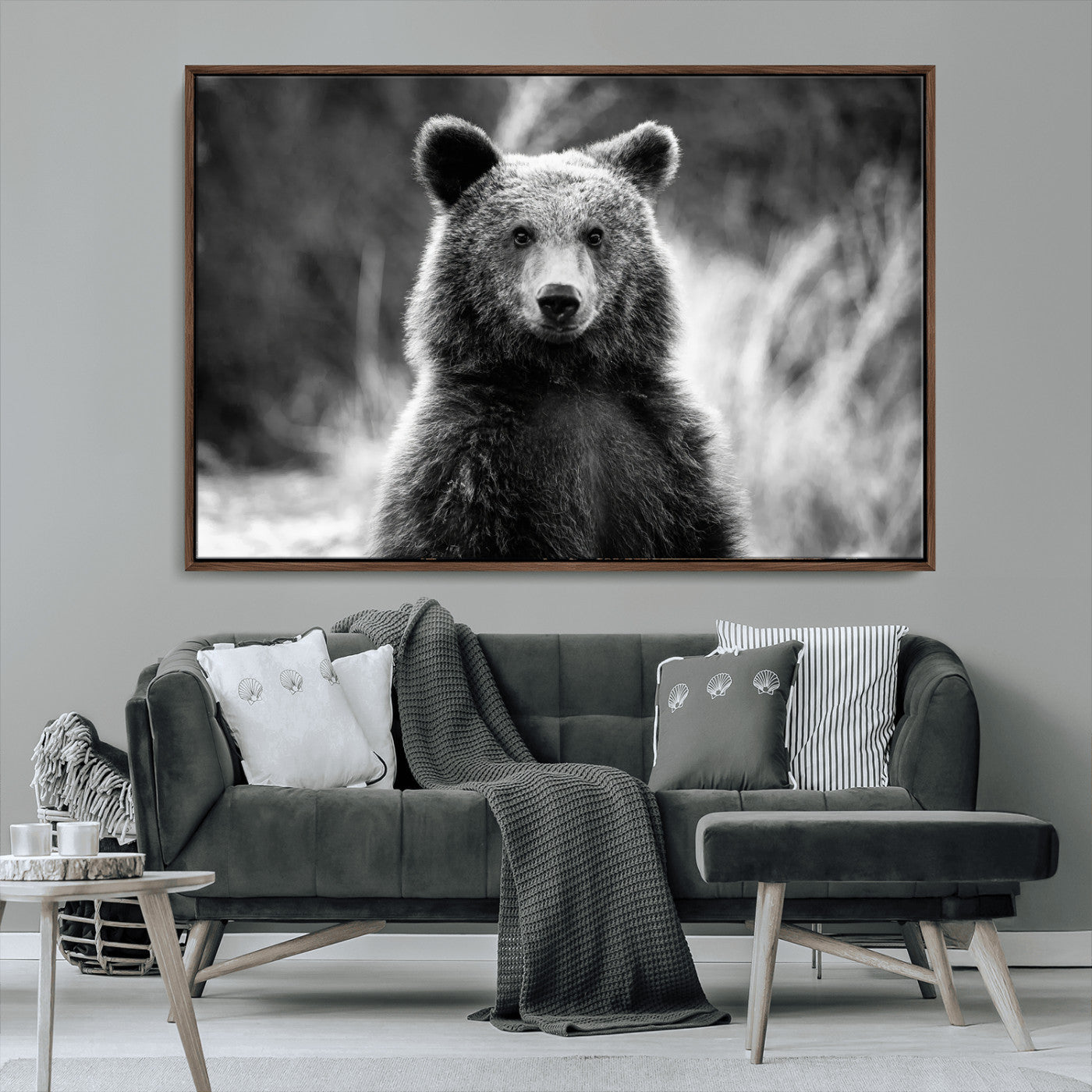 MGV-FC-36X24 - Grizzly Bear Wall Art Canvas Print, Framed Black White Bear Art Picture Print, Wild Bear Perfect Rustic Wildlife Decor Artwork