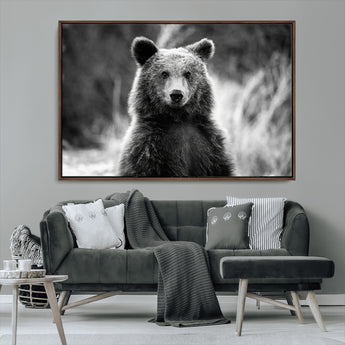 MGV-FC-36X24 - Grizzly Bear Wall Art Canvas Print, Framed Black White Bear Art Picture Print, Wild Bear Perfect Rustic Wildlife Decor Artwork