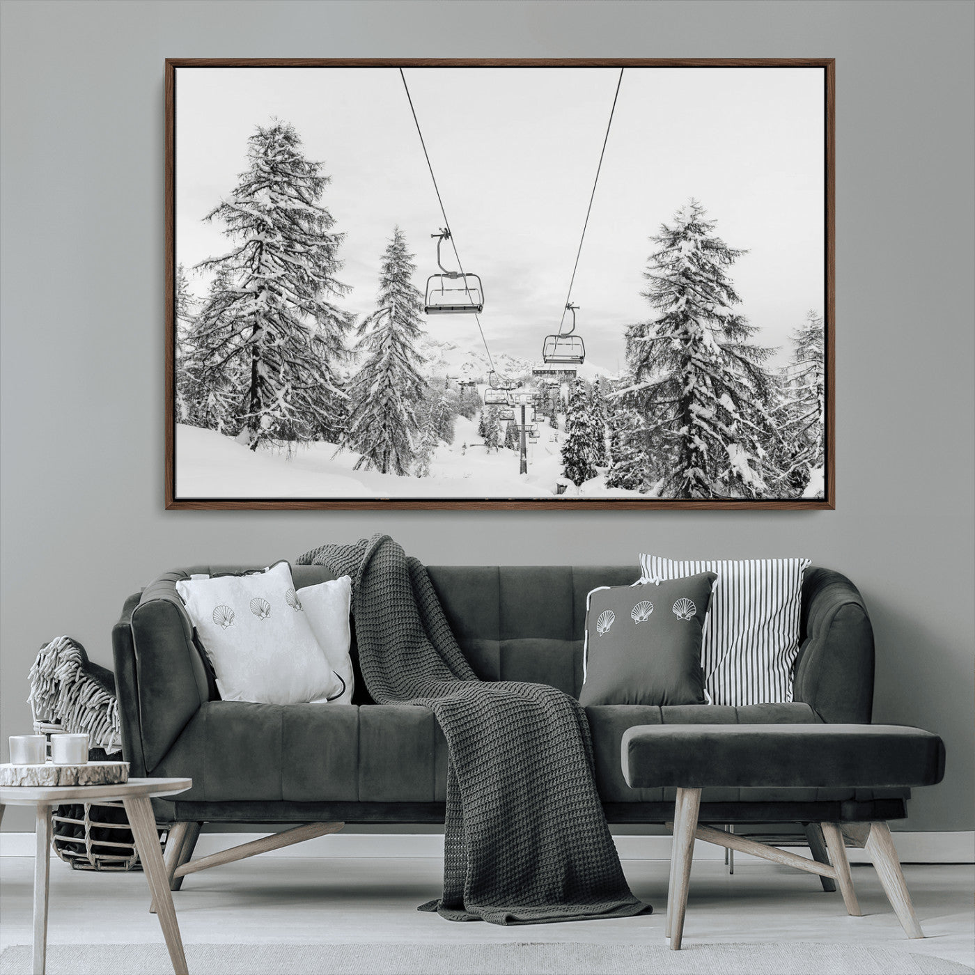 55003599-MGV-FC-36X24_Walnut-Snowy Ski Lift Wall Art Canvas Print, Framed Winter Forest Art Picture Print, Ski lift Ride Perfect Winter Lodge Decor Artwork