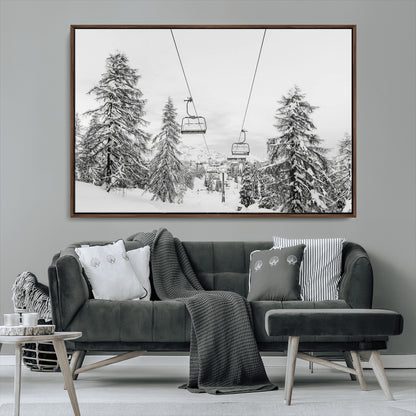 55003599-MGV-FC-36X24_Walnut-Snowy Ski Lift Wall Art Canvas Print, Framed Winter Forest Art Picture Print, Ski lift Ride Perfect Winter Lodge Decor Artwork