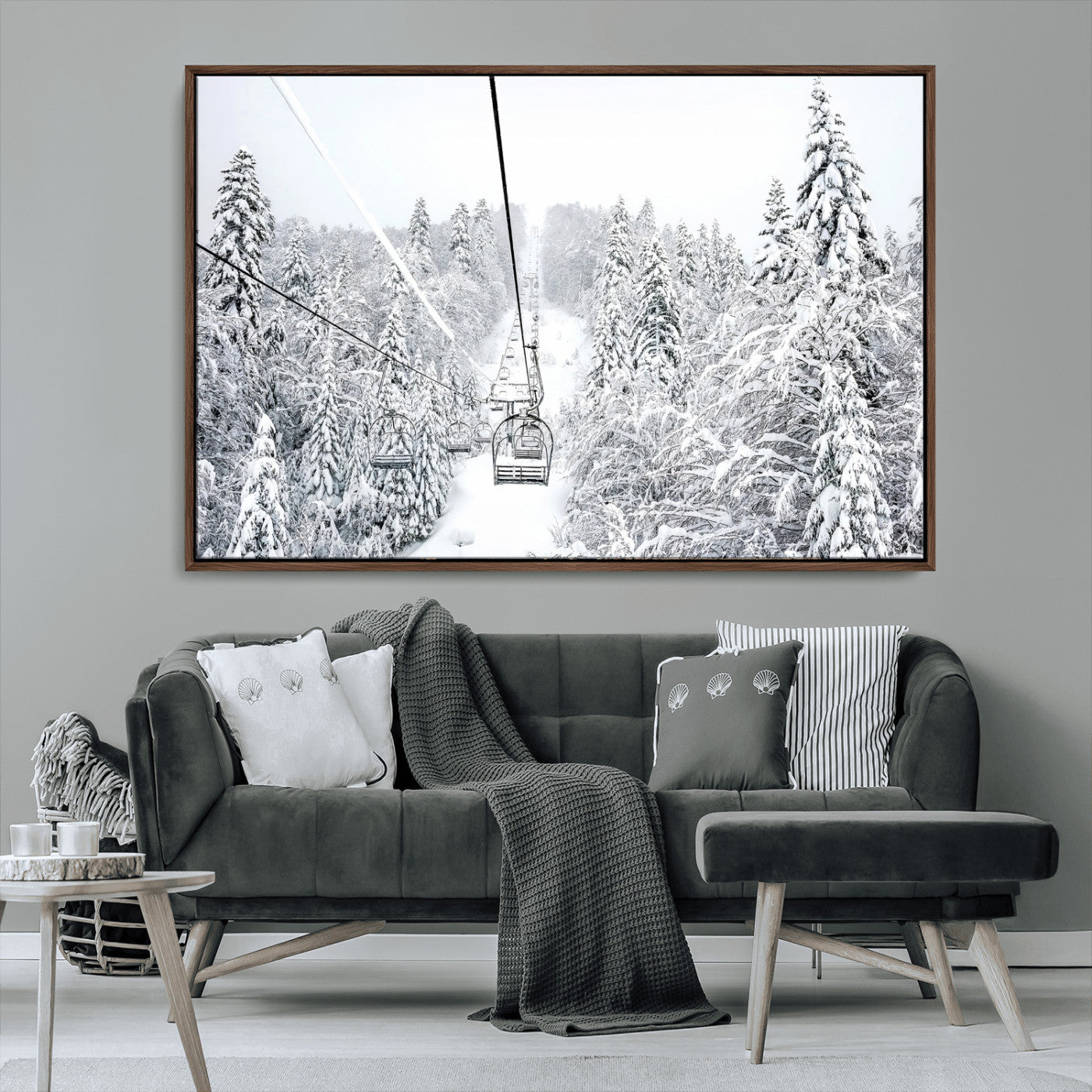 60296839-MGV-CV-36X24-Snowy Mountains Wall Art Canvas Print, Framed Ski Lift Art Picture Print, Winter Forest Perfect Winter Minimalist Decor Artwork