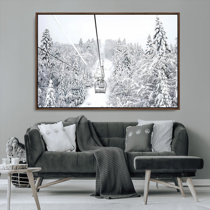 60296839-MGV-CV-36X24-Snowy Mountains Wall Art Canvas Print, Framed Ski Lift Art Picture Print, Winter Forest Perfect Winter Minimalist Decor Artwork