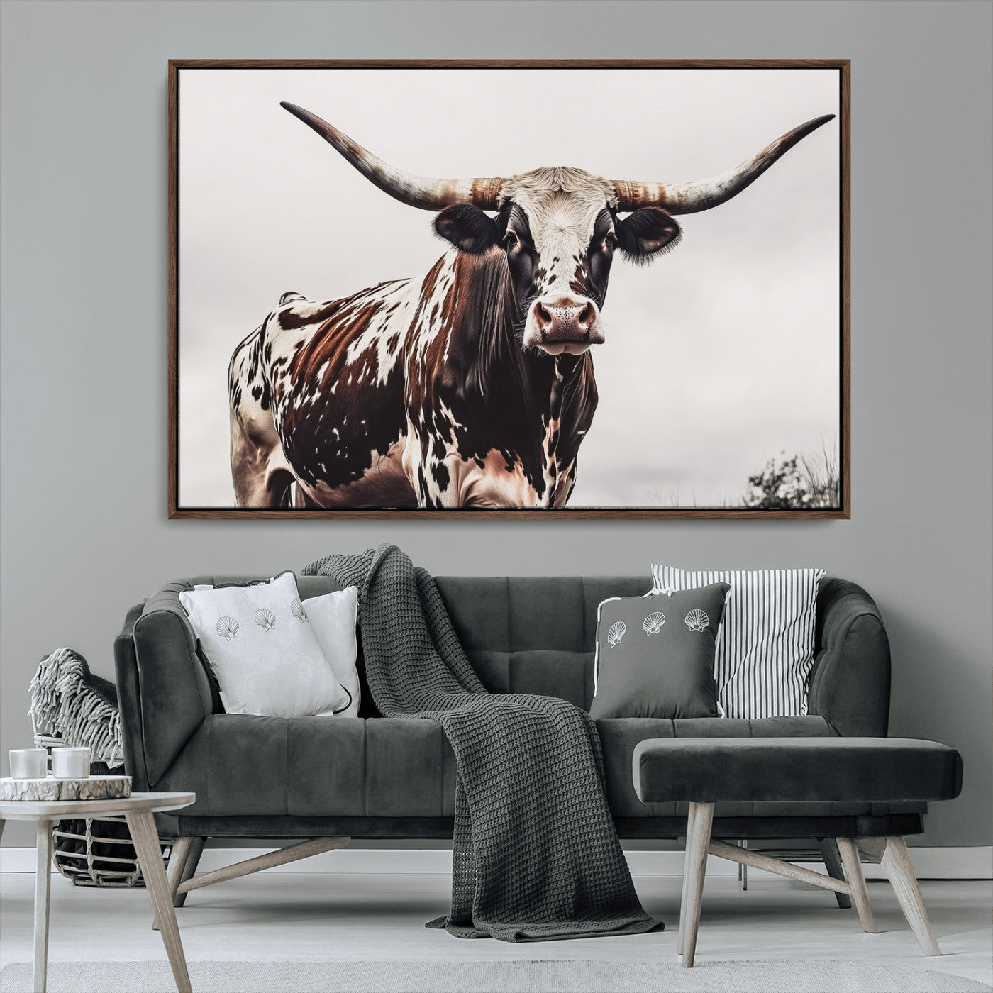 95249234-MGV-CV-36X24-Texas Longhorn Wall Art Canvas Print, Framed Spotted Bull Art Picture Print, Horned Cattle Perfect Rustic Farmhouse Decor Artwork