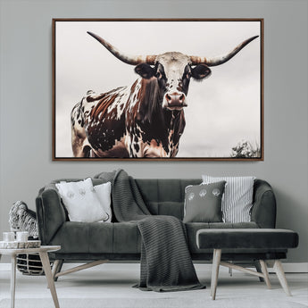 95249234-MGV-CV-36X24-Texas Longhorn Wall Art Canvas Print, Framed Spotted Bull Art Picture Print, Horned Cattle Perfect Rustic Farmhouse Decor Artwork