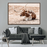 91248682-MGV-CV-36X24-Texas Longhorn Wall Art Canvas Print, Framed Resting Bull Art Picture Print, Spotted Cattle Perfect Rustic Western Decor Artwork