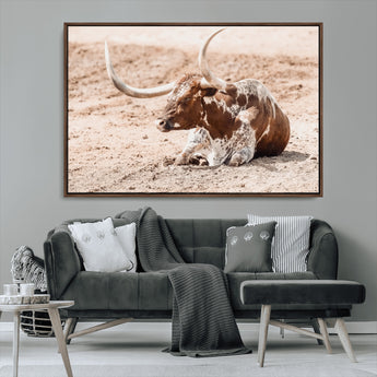 91248682-MGV-CV-36X24-Texas Longhorn Wall Art Canvas Print, Framed Resting Bull Art Picture Print, Spotted Cattle Perfect Rustic Western Decor Artwork