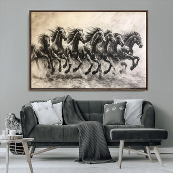 56089591-MGV-CV-36X24-Galloping Horses Wall Art Canvas Print, Framed Wild Stallions Art Picture Print, Horse Herd Sketch Perfect Monochrome Dynamic